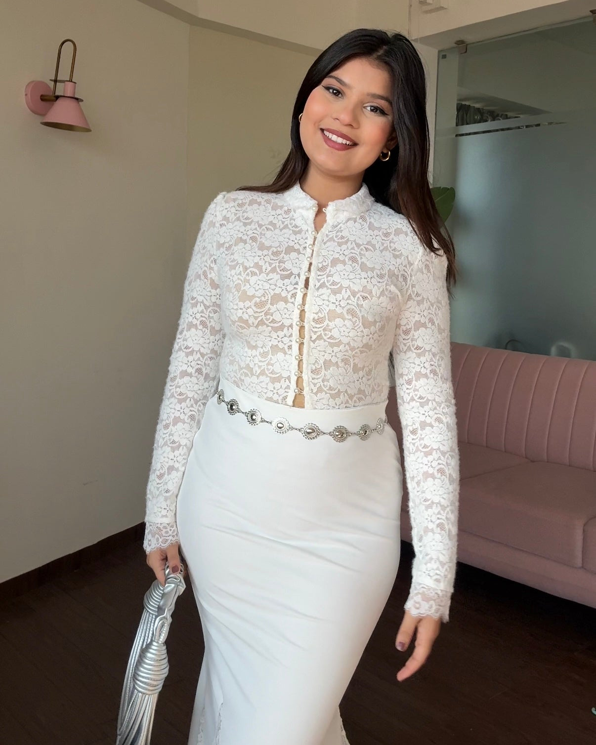 Lacy High Neck Pearl Button Top With Inner