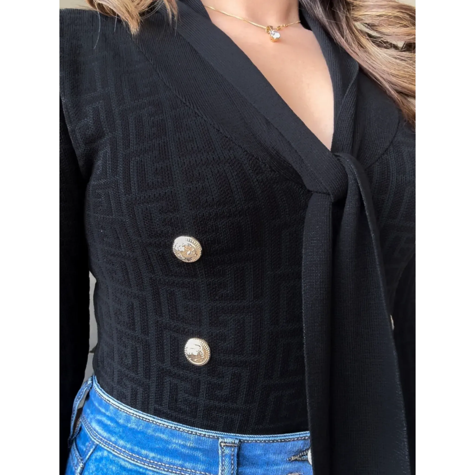 Golden Button Textured Tie Up Top