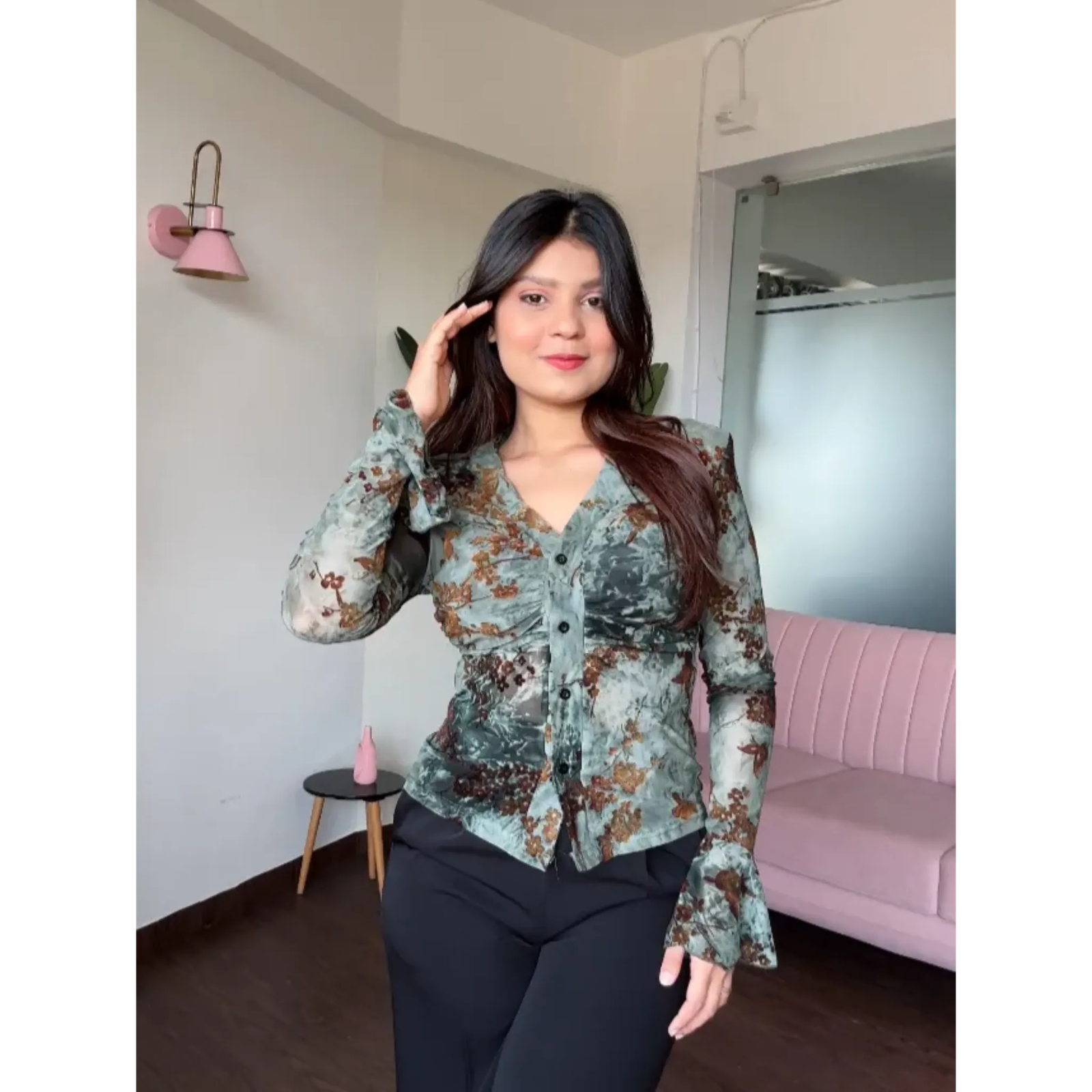 Velvet Embroidery Mesh Rushed Fitted Shirt