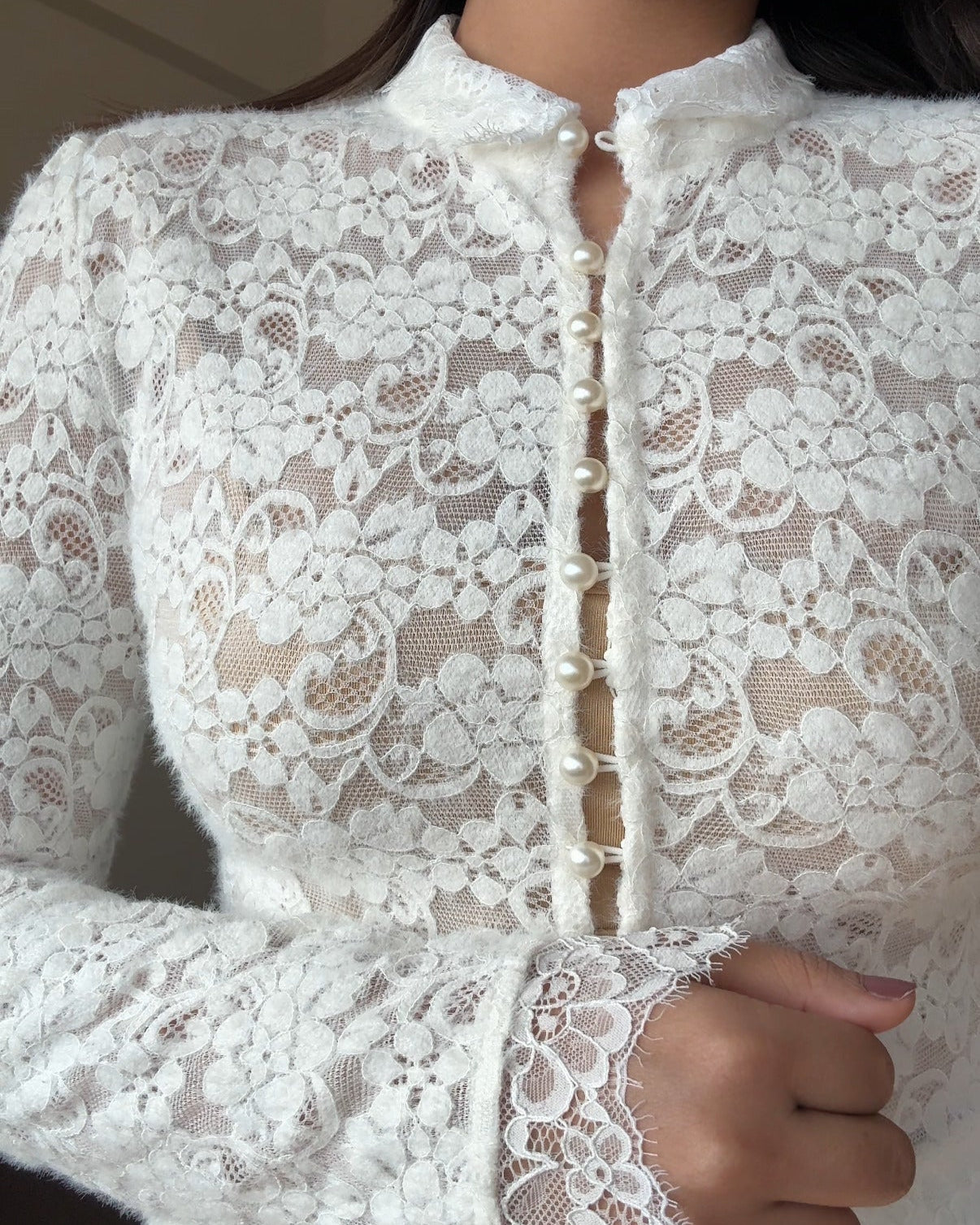 Lacy High Neck Pearl Button Top With Inner