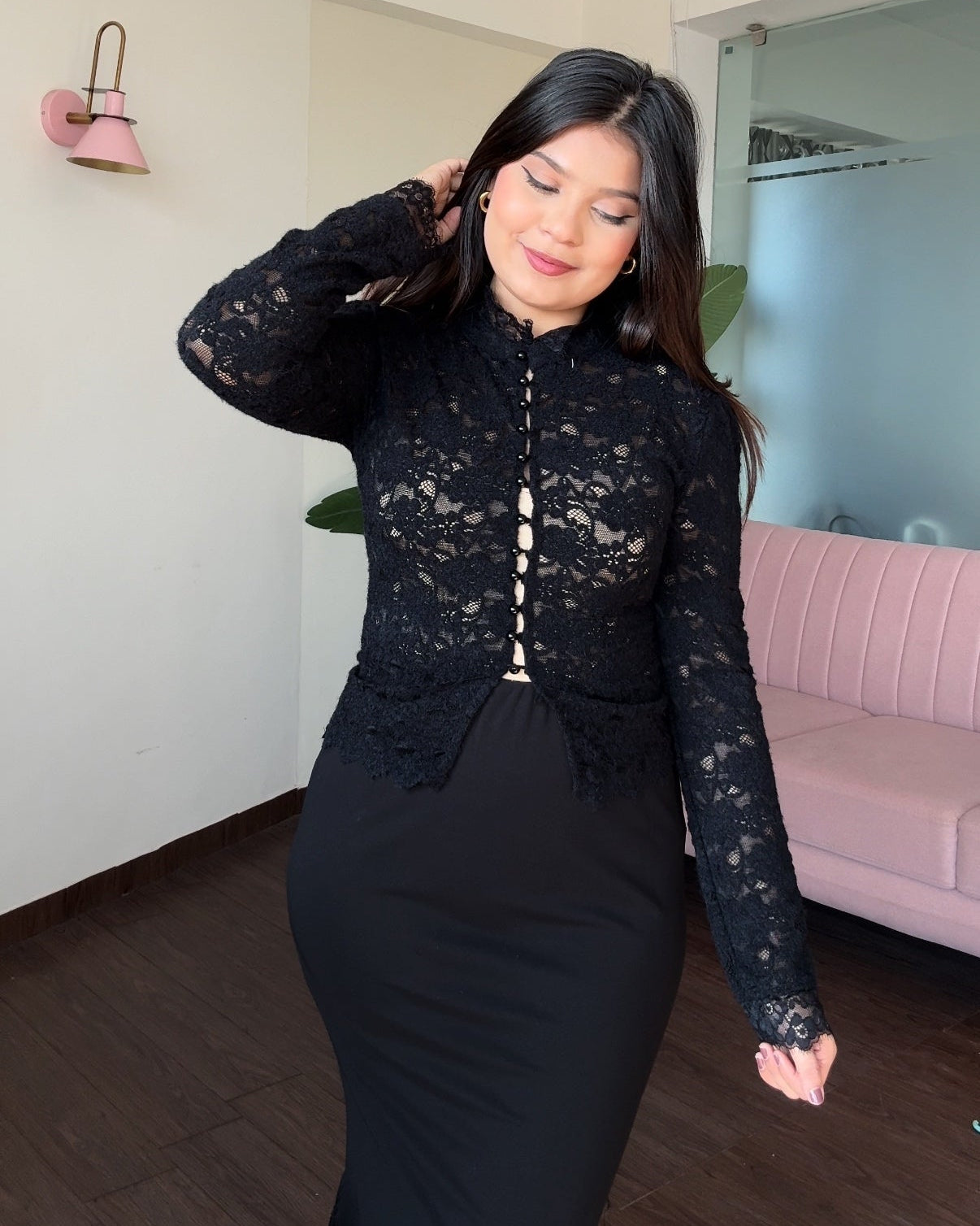 Lacy High Neck Pearl Button Top With Inner