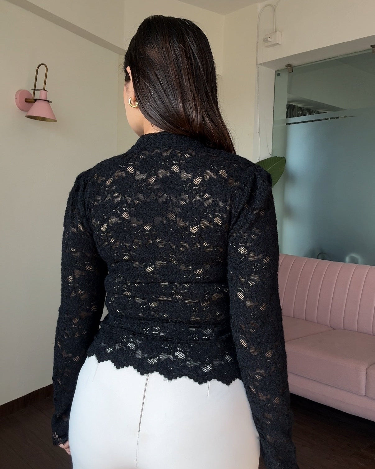 Lacy High Neck Pearl Button Top With Inner