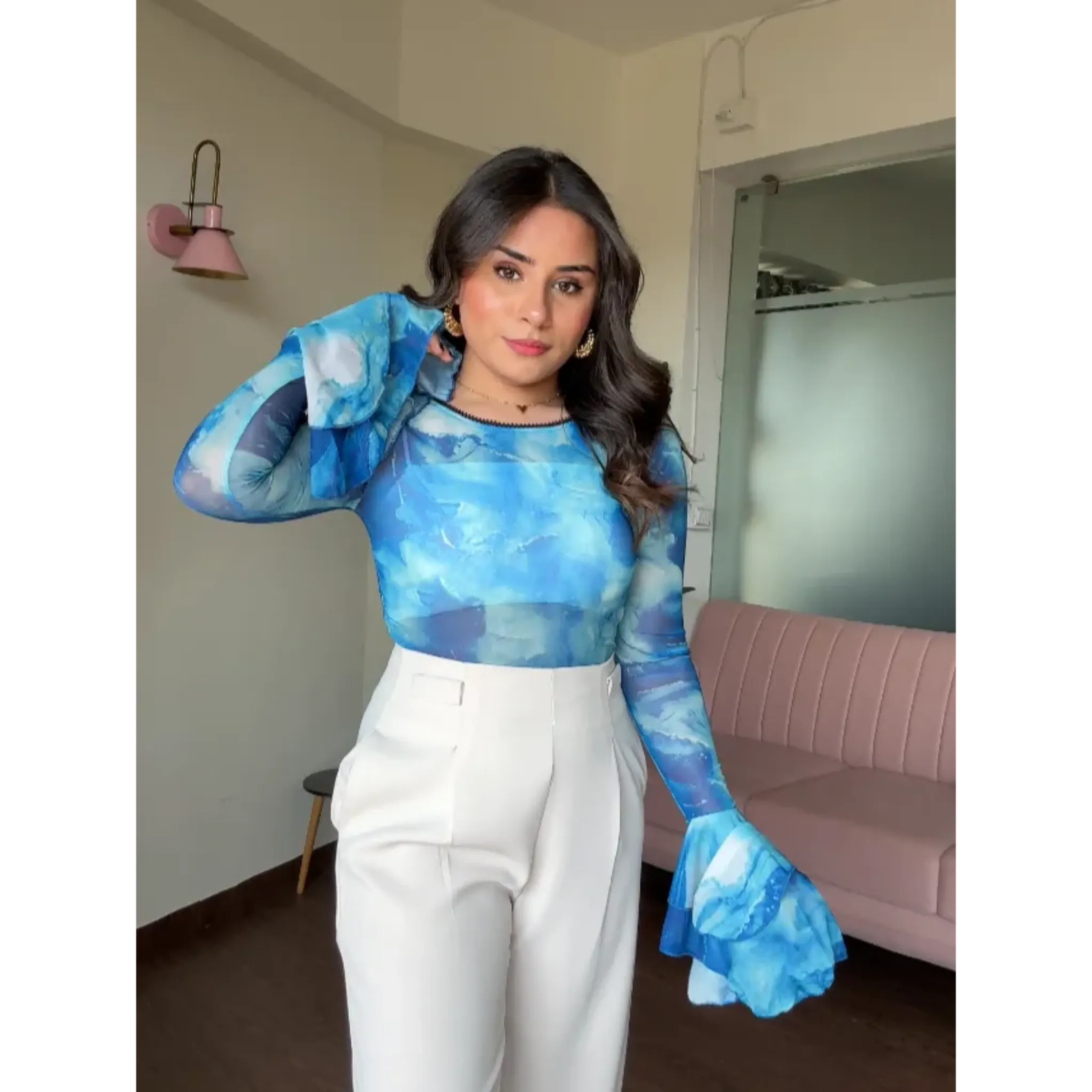 Bell Sleeves Printed Mesh Top