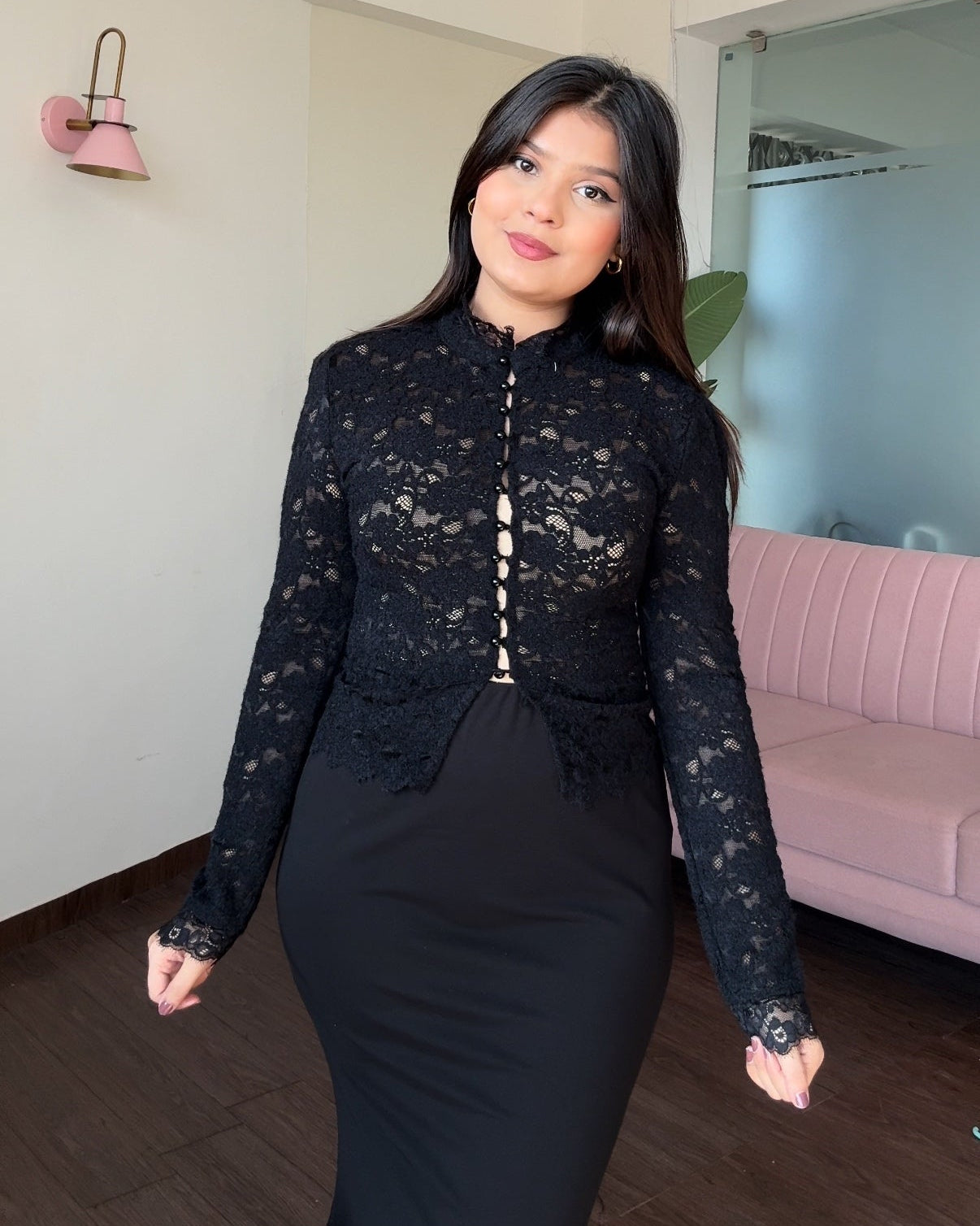 Lacy High Neck Pearl Button Top With Inner