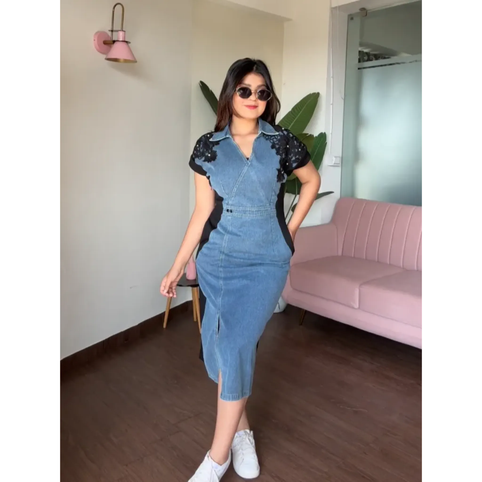 Lace Work Rhinestone Detailing Midi Denim Dress