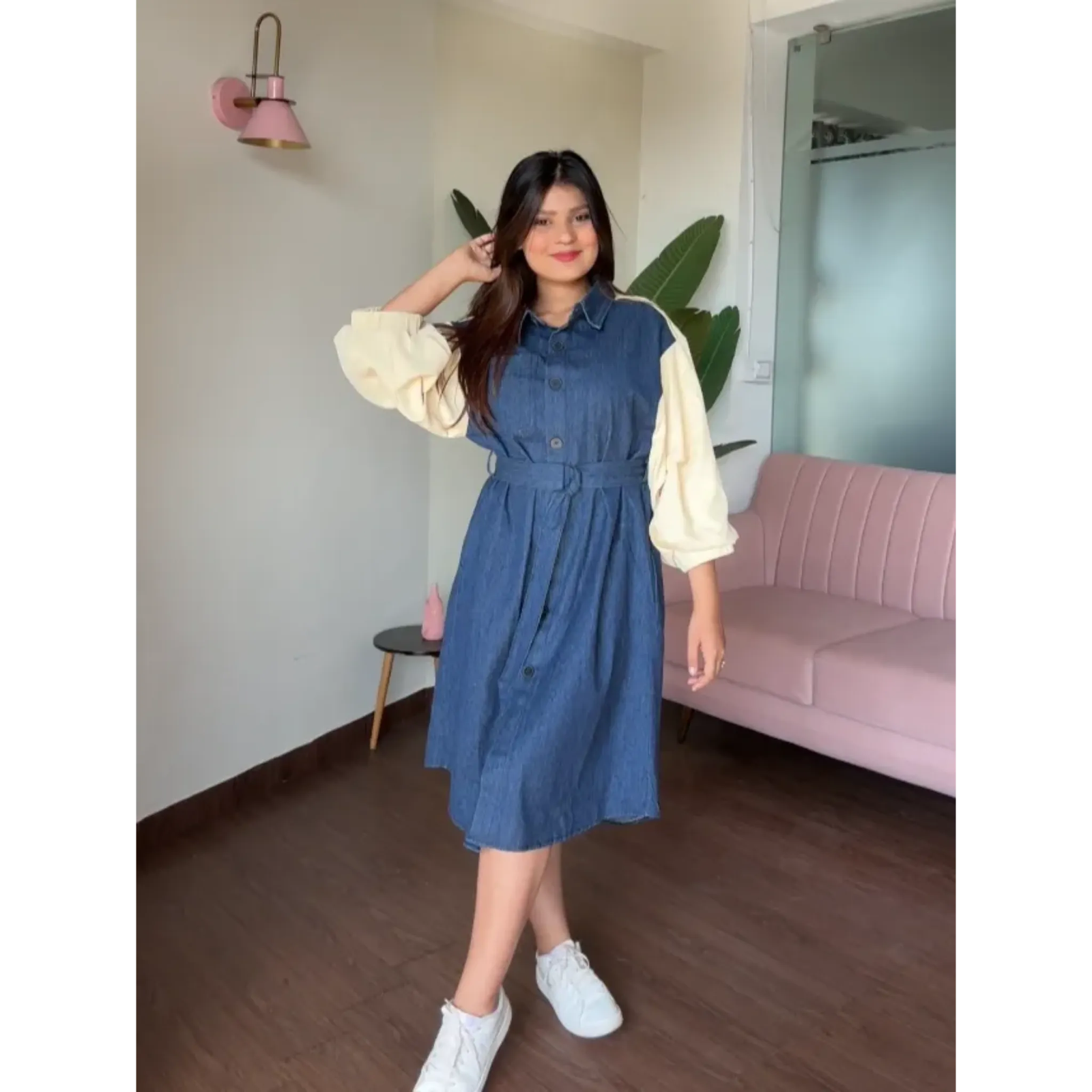 Balloon Sleeves Denim Dress with Belt
