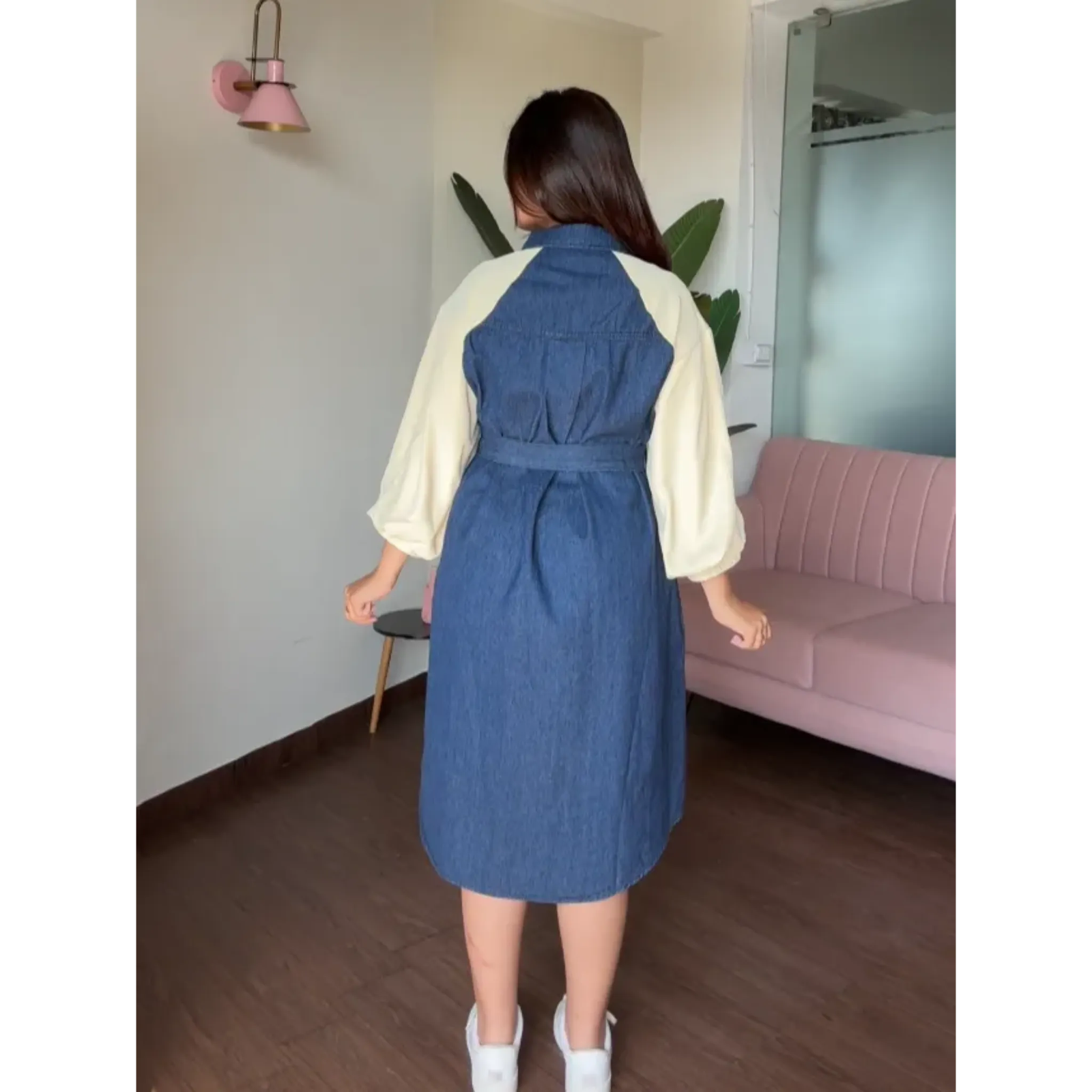 Balloon Sleeves Denim Dress with Belt