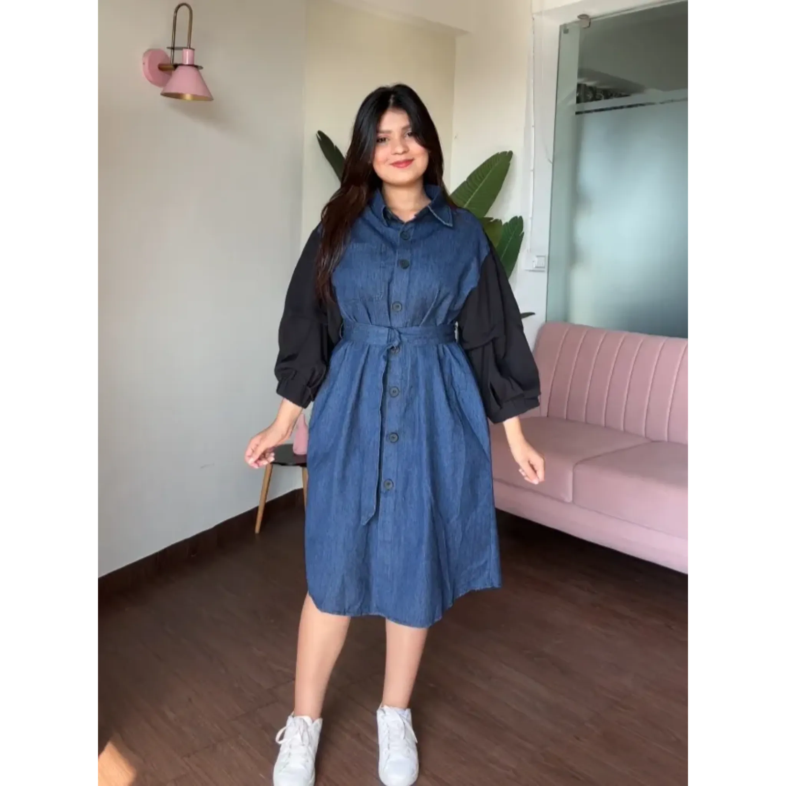 Balloon Sleeves Denim Dress with Belt