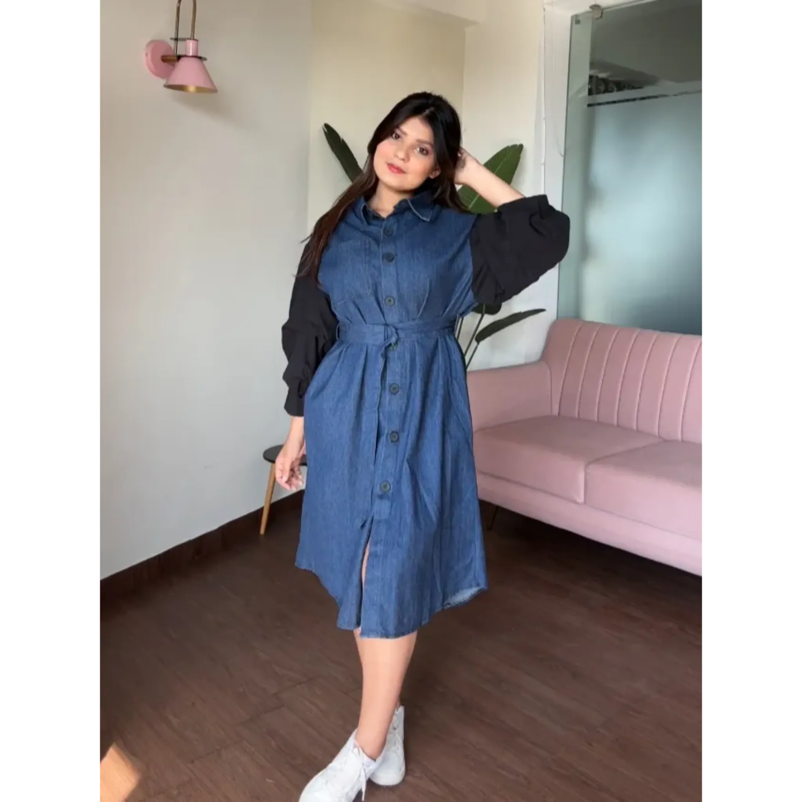 Balloon Sleeves Denim Dress with Belt