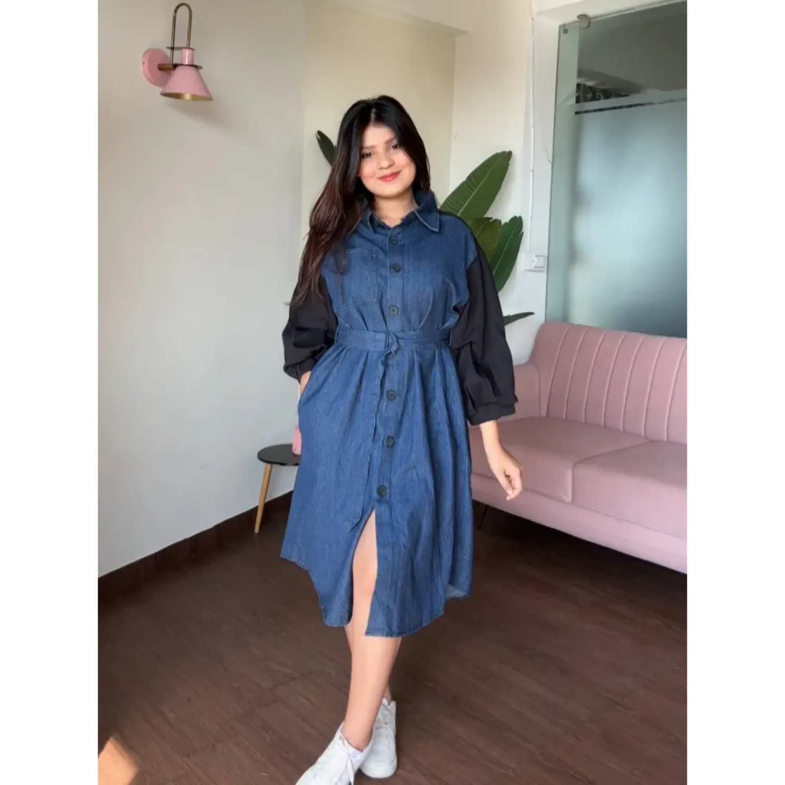 Balloon Sleeves Denim Dress with Belt
