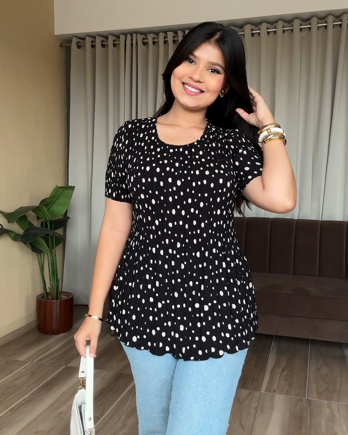 Polka Dot Free Size Pleated Fabric Peplum Top