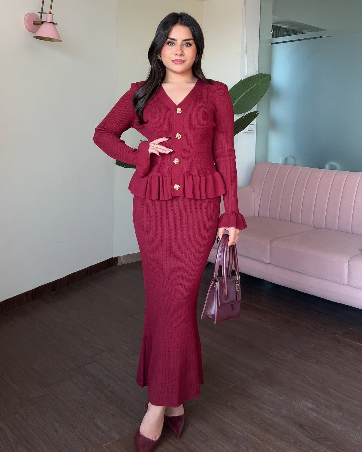 Embellished Button Textured Skirt And Top With Ruffle Hem