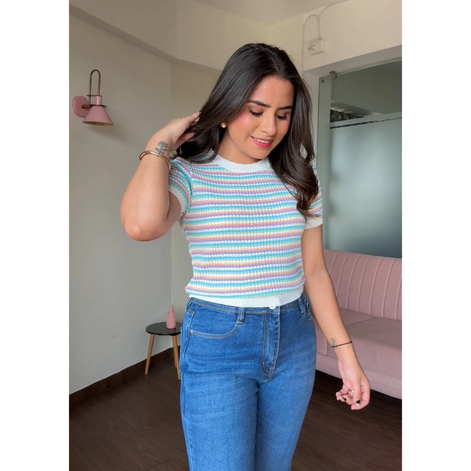 Crochet Summer Round Neck Striped Tee