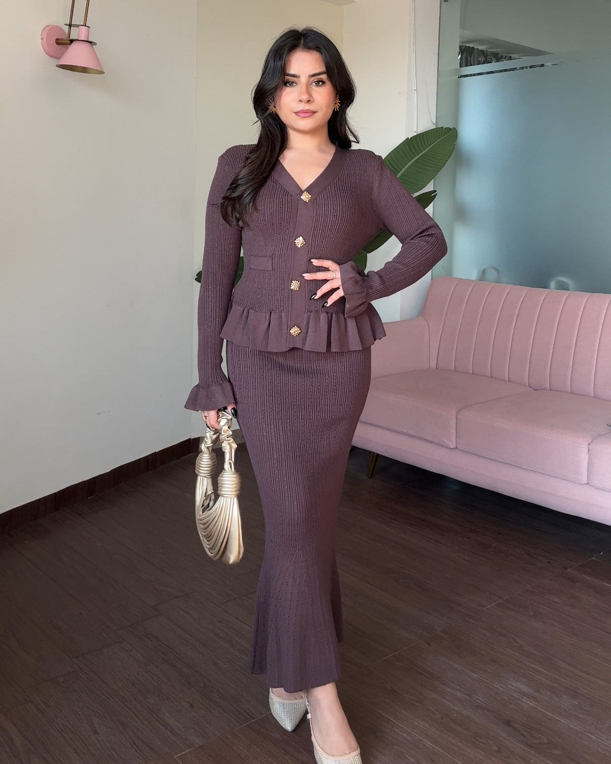 Embellished Button Textured Skirt And Top With Ruffle Hem