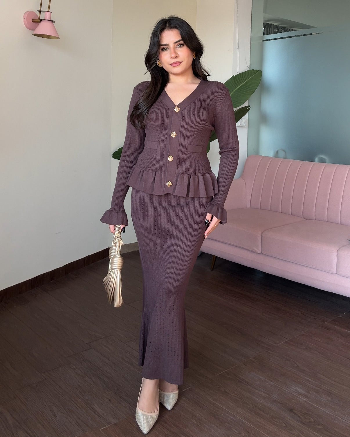 Embellished Button Textured Skirt And Top With Ruffle Hem