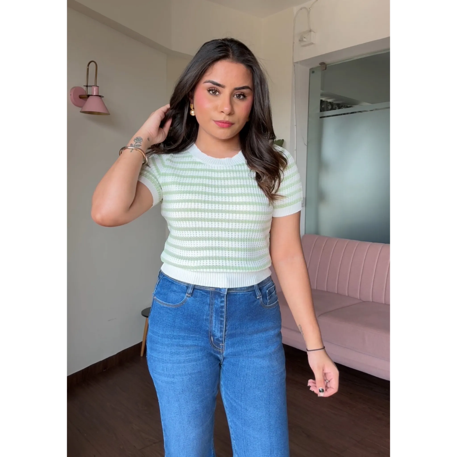 Crochet Summer Round Neck Striped Tee