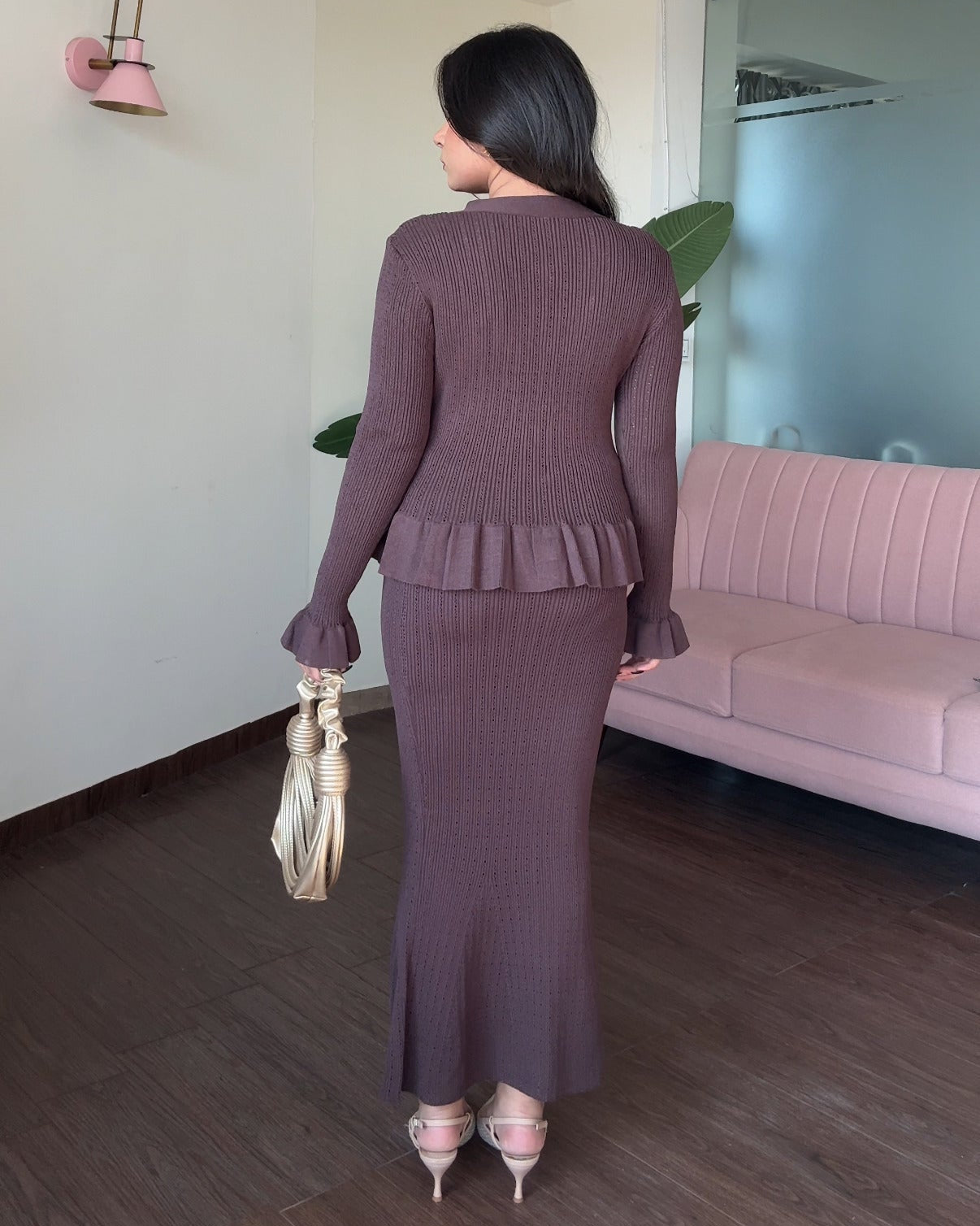 Embellished Button Textured Skirt And Top With Ruffle Hem