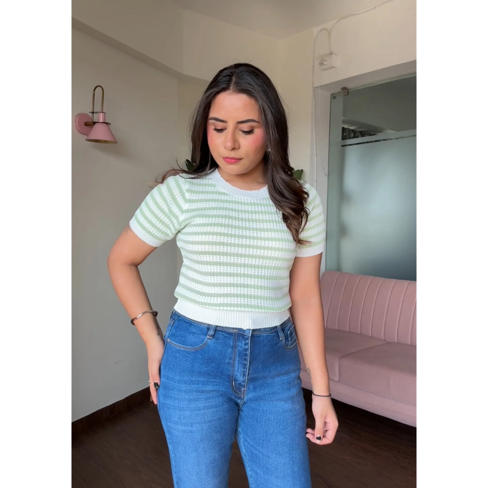 Crochet Summer Round Neck Striped Tee