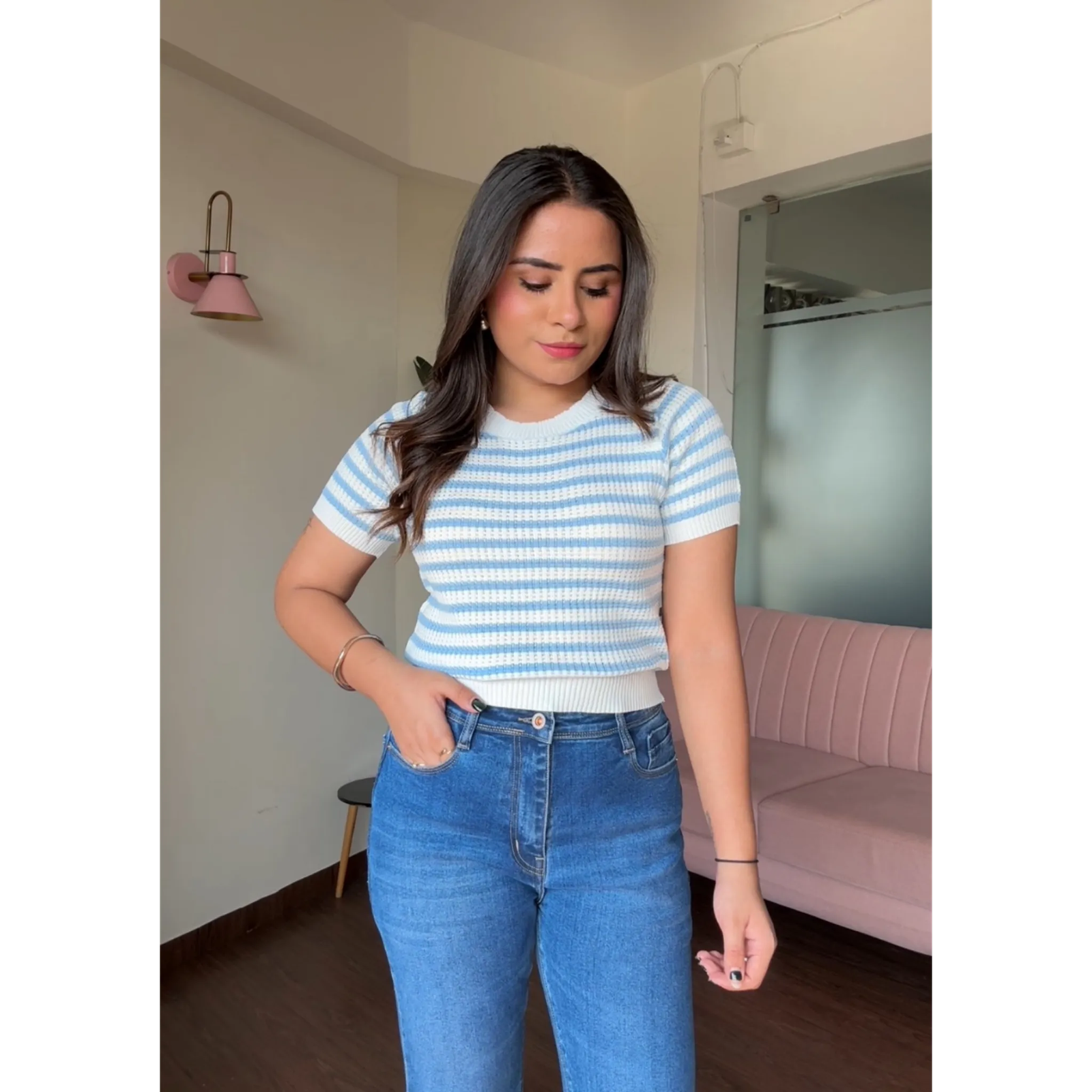 Crochet Summer Round Neck Striped Tee
