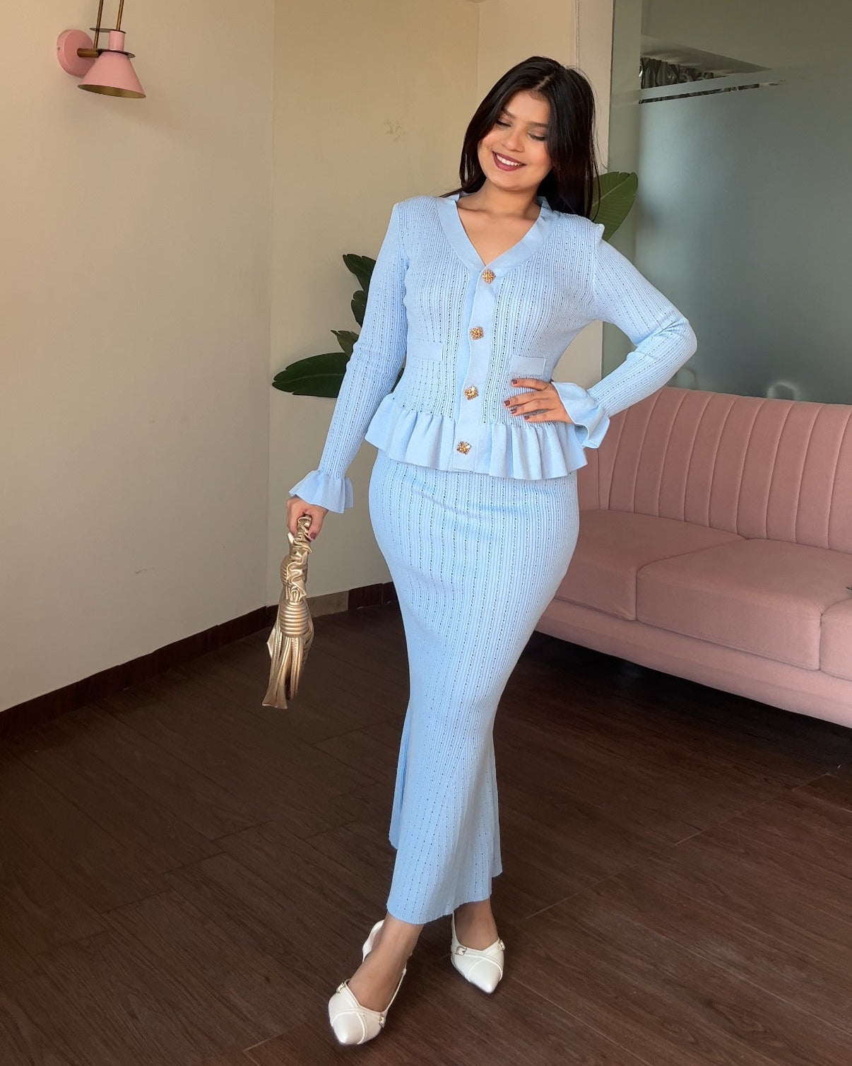 Embellished Button Textured Skirt And Top With Ruffle Hem