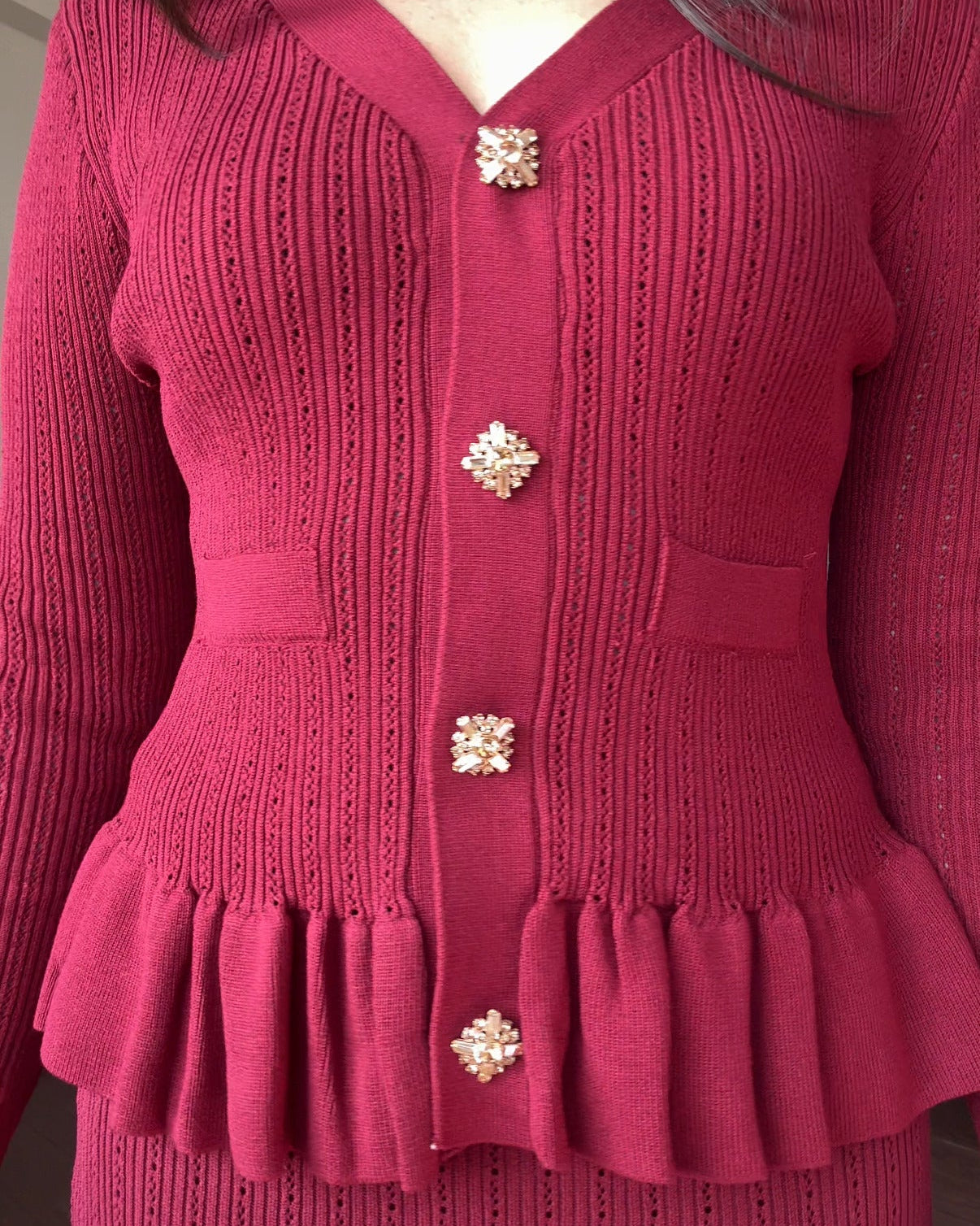 Embellished Button Textured Skirt And Top With Ruffle Hem