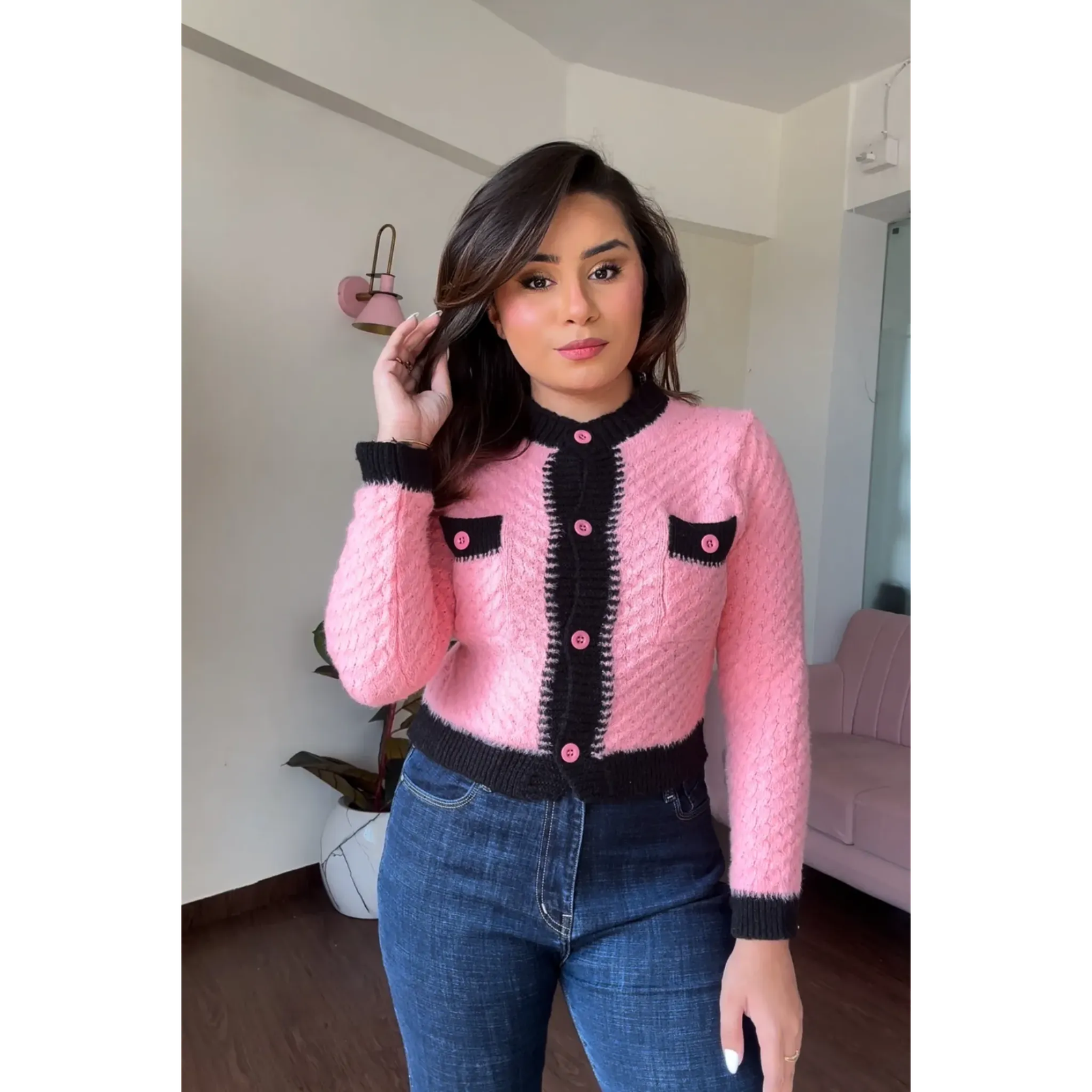 Textured Black Contrast Cardigan