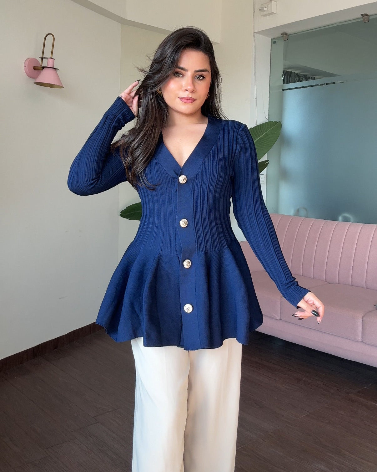 Ribbed Peplum Detailing Full Sleeves Top