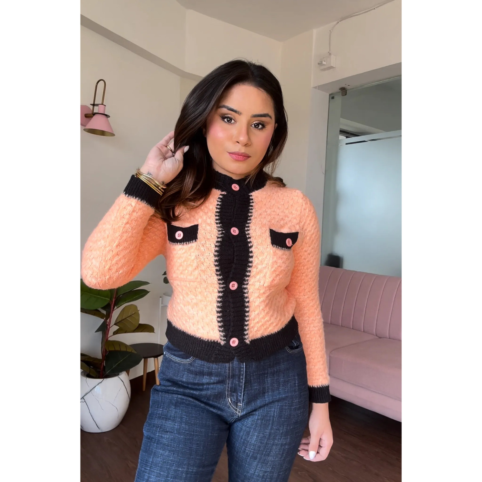 Textured Black Contrast Cardigan