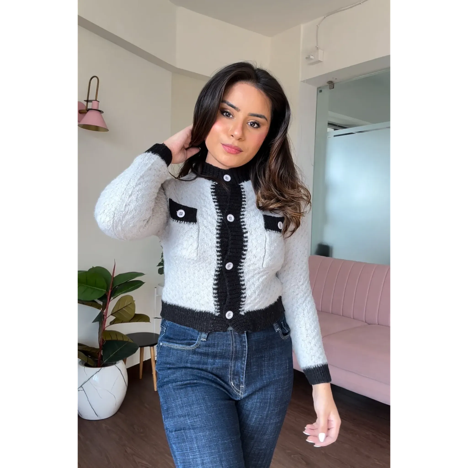 Textured Black Contrast Cardigan