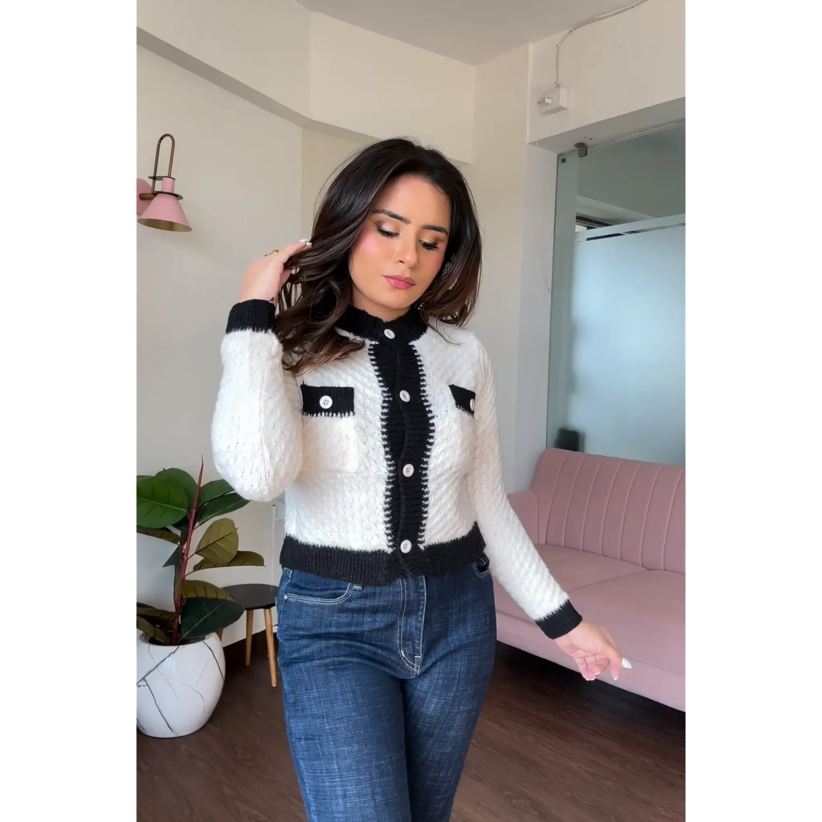 Textured Black Contrast Cardigan