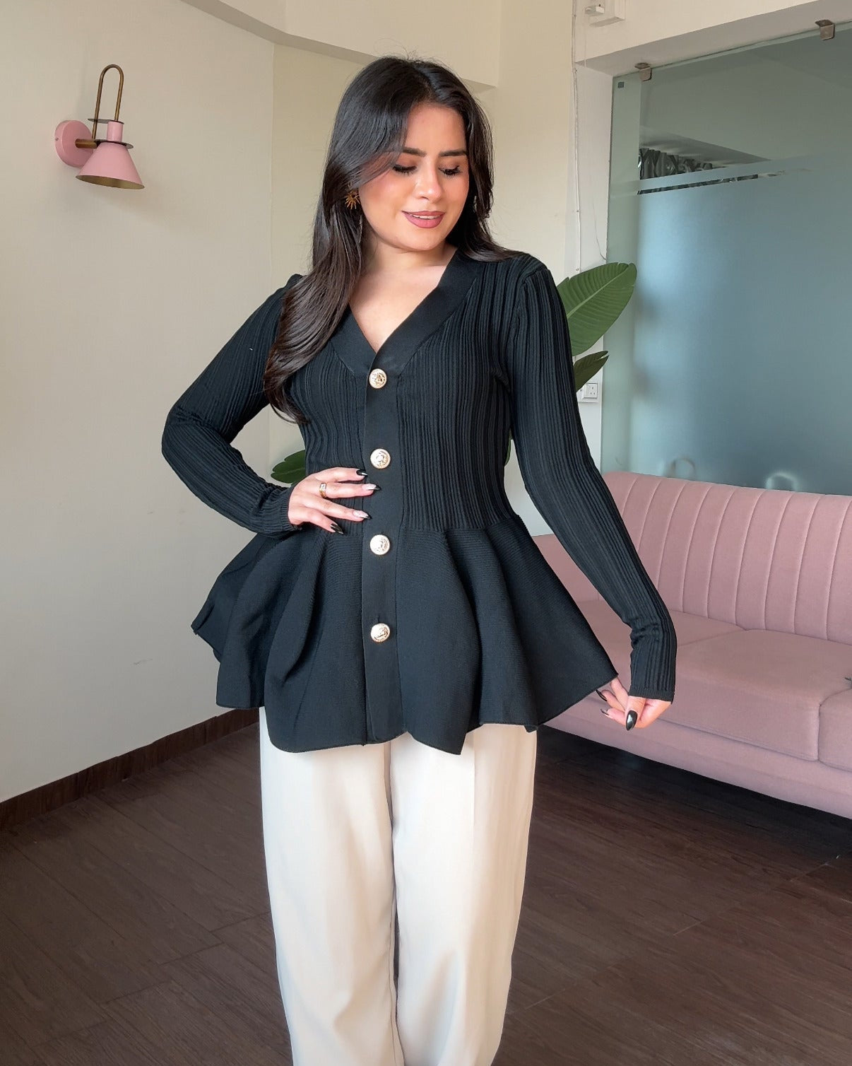 Ribbed Peplum Detailing Full Sleeves Top