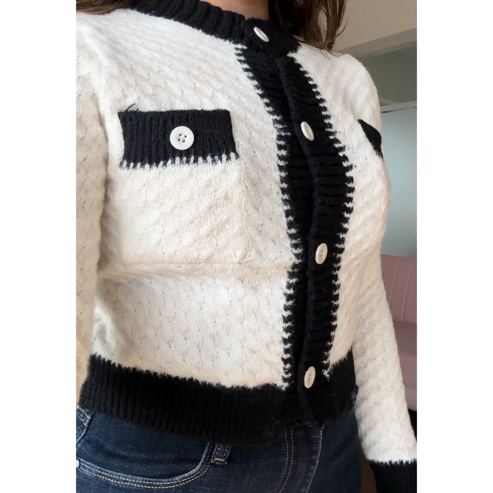 Textured Black Contrast Cardigan