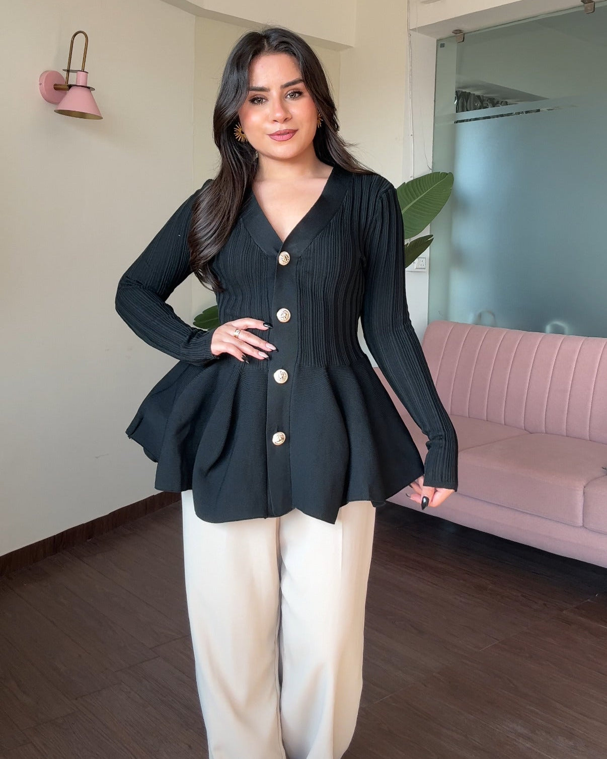 Ribbed Peplum Detailing Full Sleeves Top