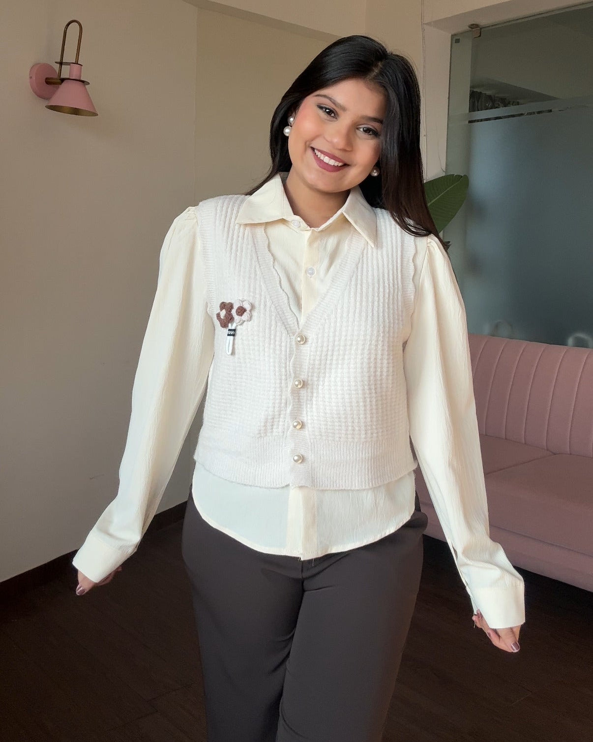 Flower Crochet Vest With Button Up Shirt