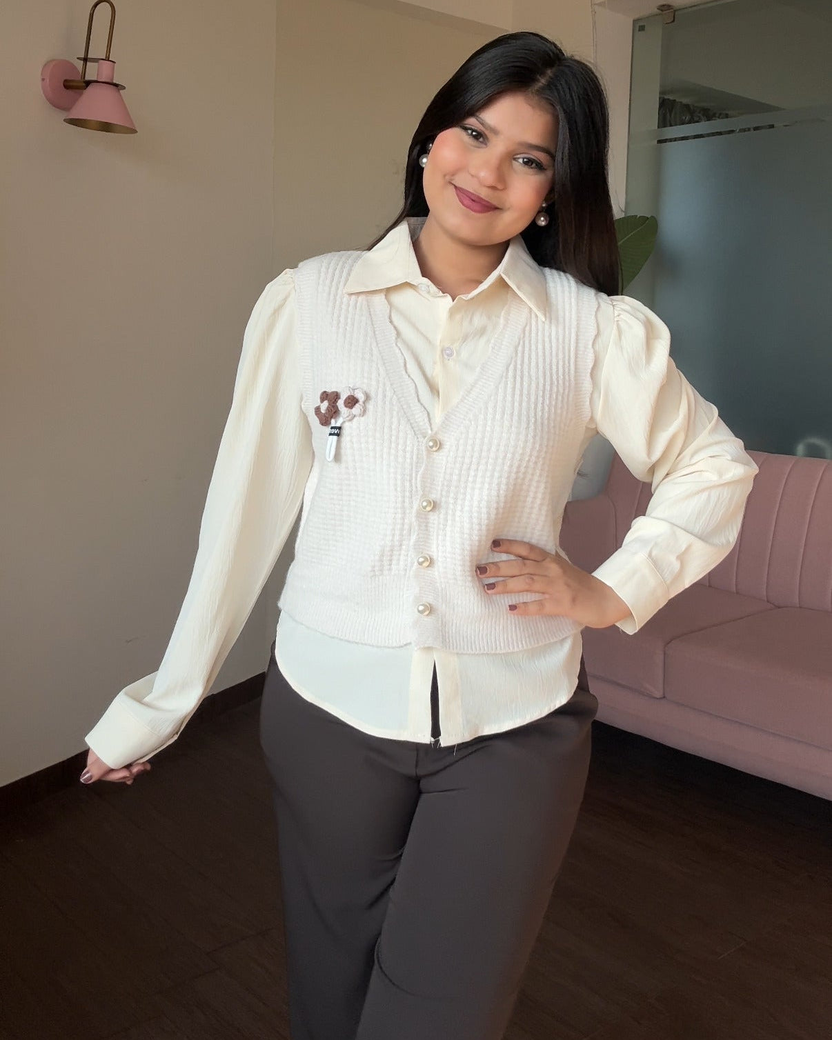 Flower Crochet Vest With Button Up Shirt