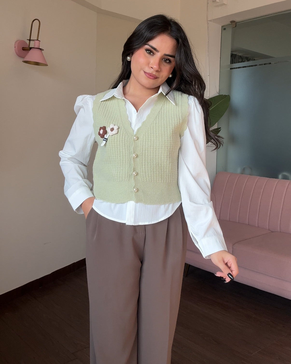 Flower Crochet Vest With Button Up Shirt