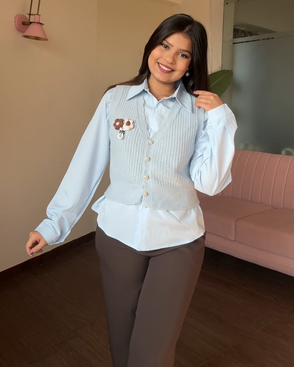 Flower Crochet Vest With Button Up Shirt