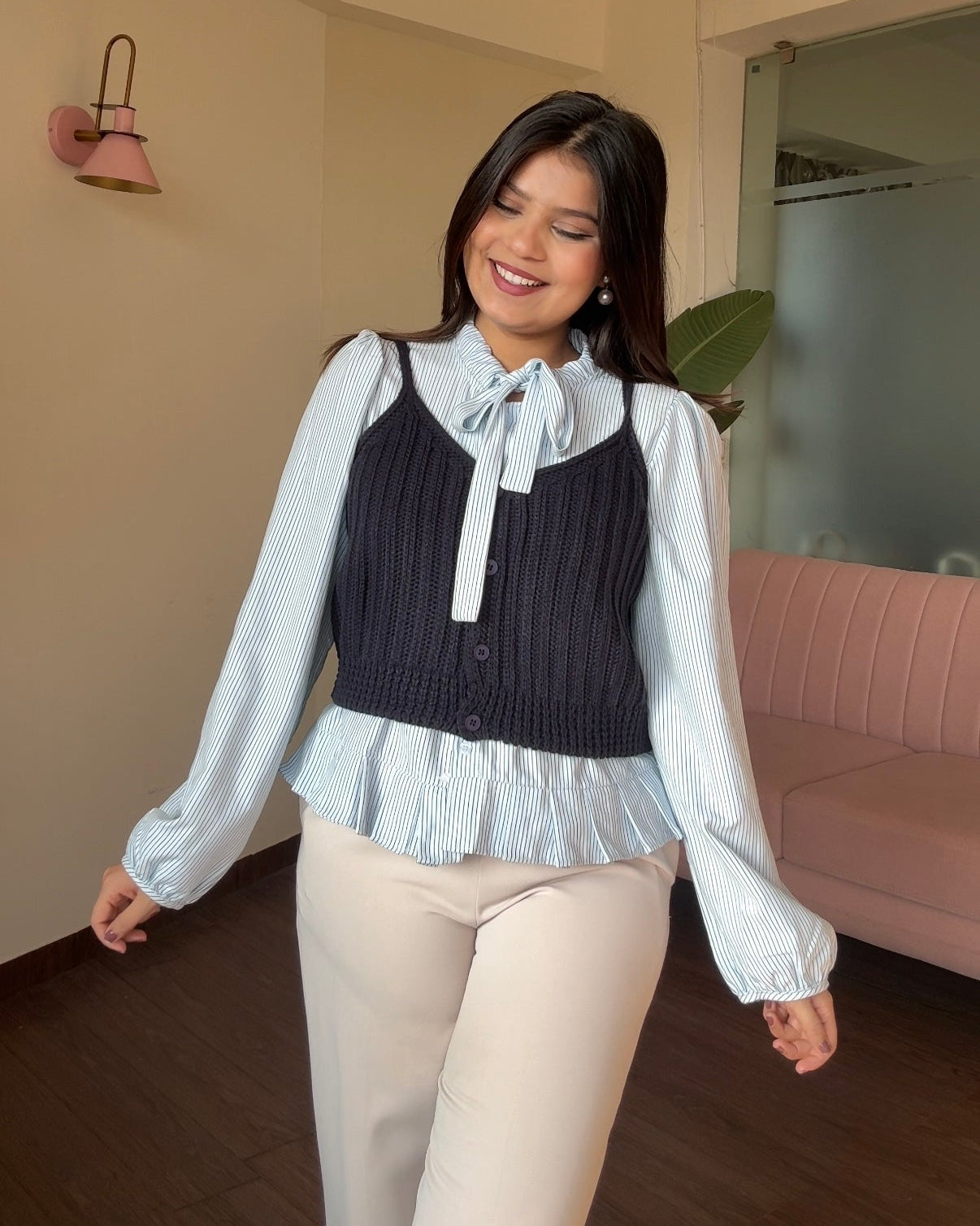 2 Piece Striped Tie Up Shirt With Crochet Top