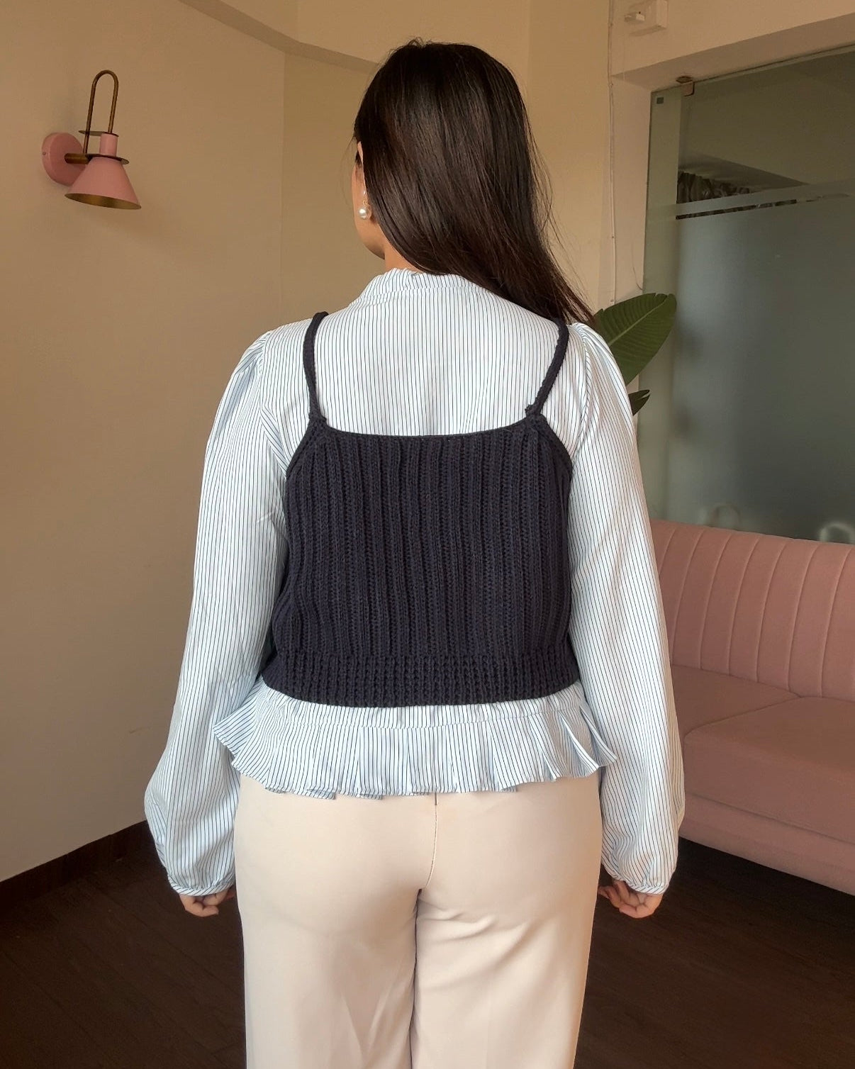 2 Piece Striped Tie Up Shirt With Crochet Top