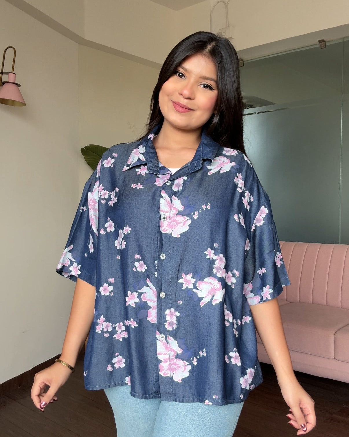 Cherry Blossom Printed Light Weight Denim Shirt