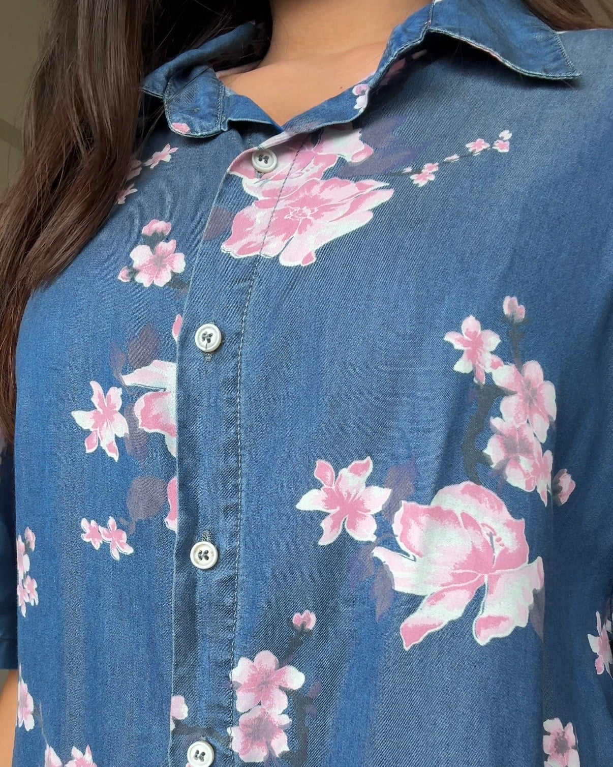 Cherry Blossom Printed Light Weight Denim Shirt