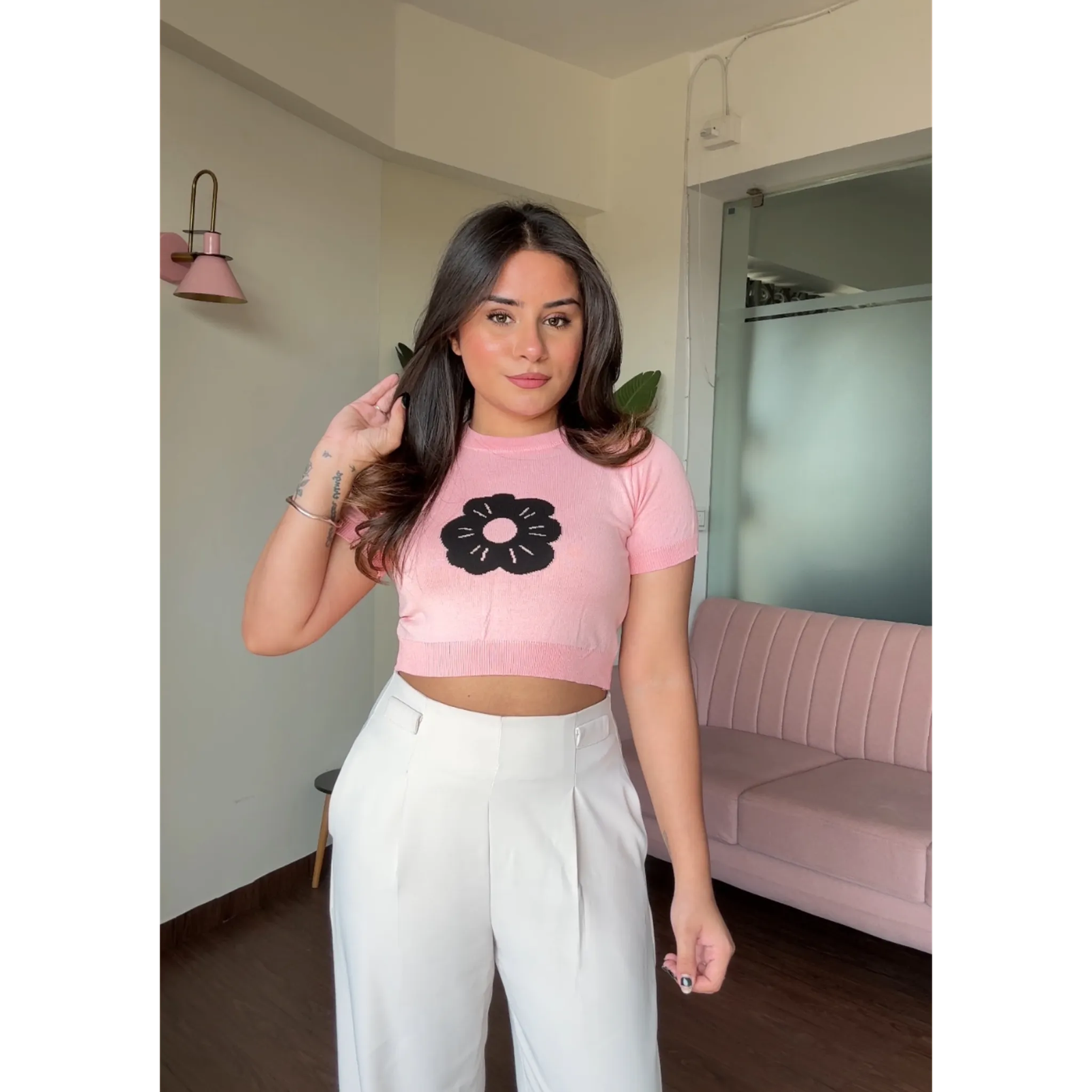 Flower Doodle Detailing Cropped Solid Top