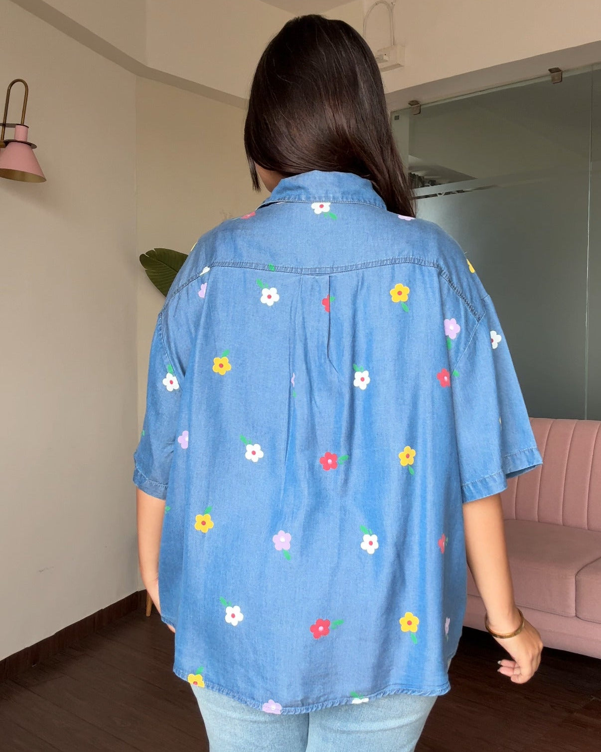 Multicolour Flower Detailing Printed Light Weight Denim Shirt