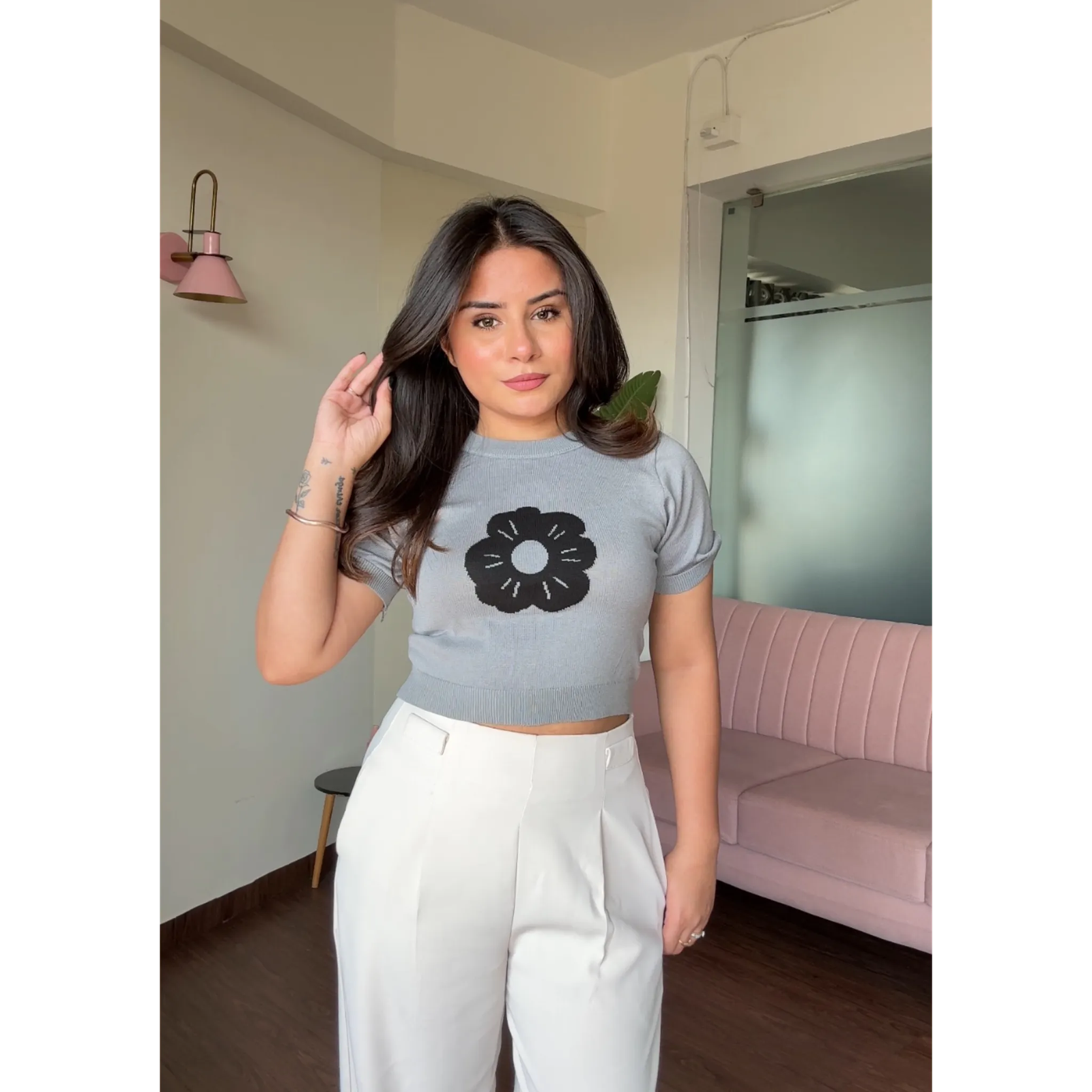 Flower Doodle Detailing Cropped Solid Top