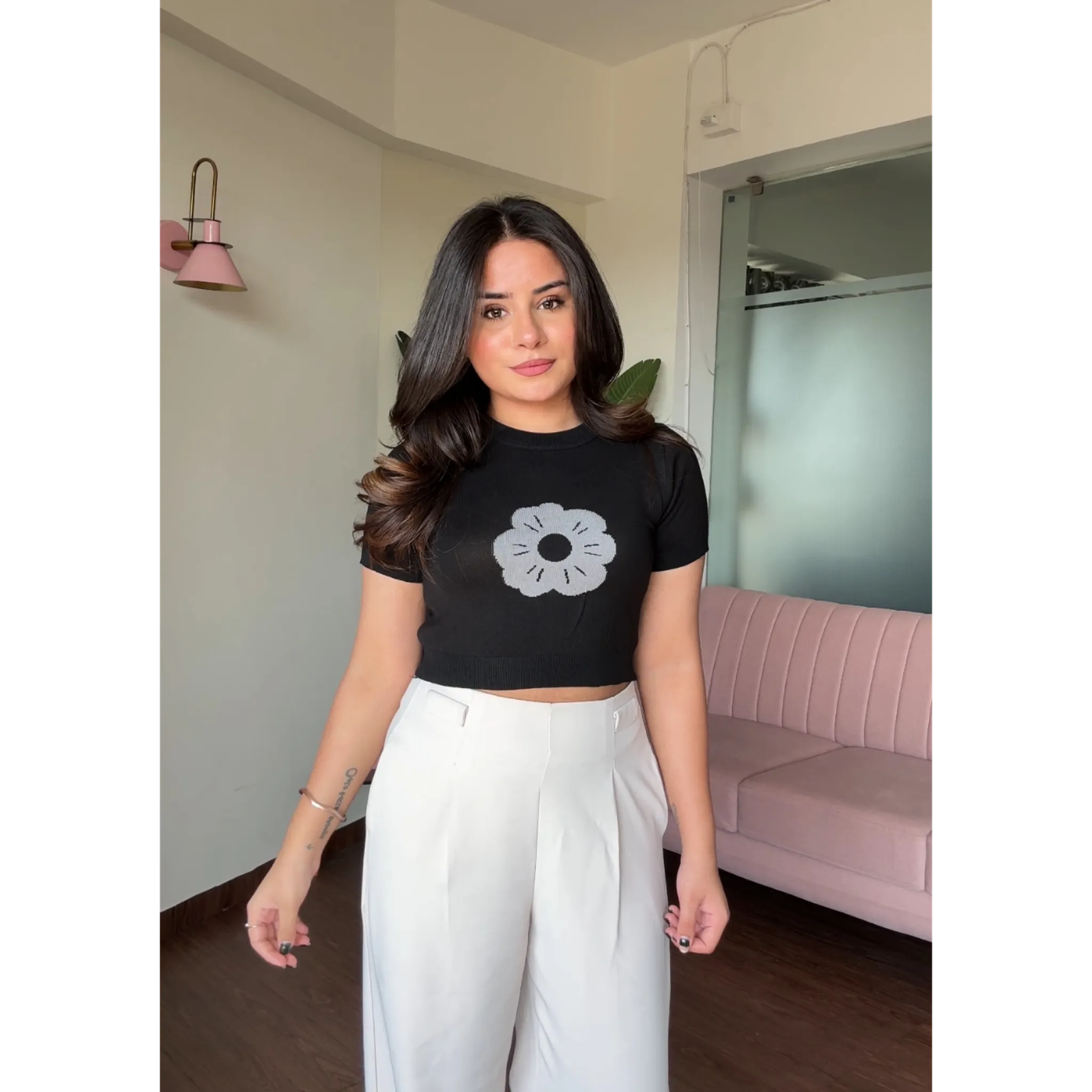 Flower Doodle Detailing Cropped Solid Top