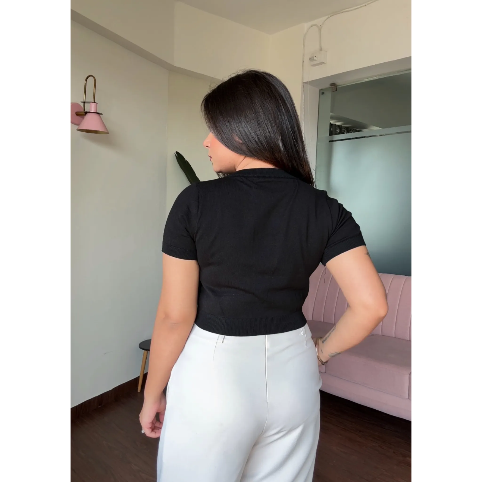 Flower Doodle Detailing Cropped Solid Top