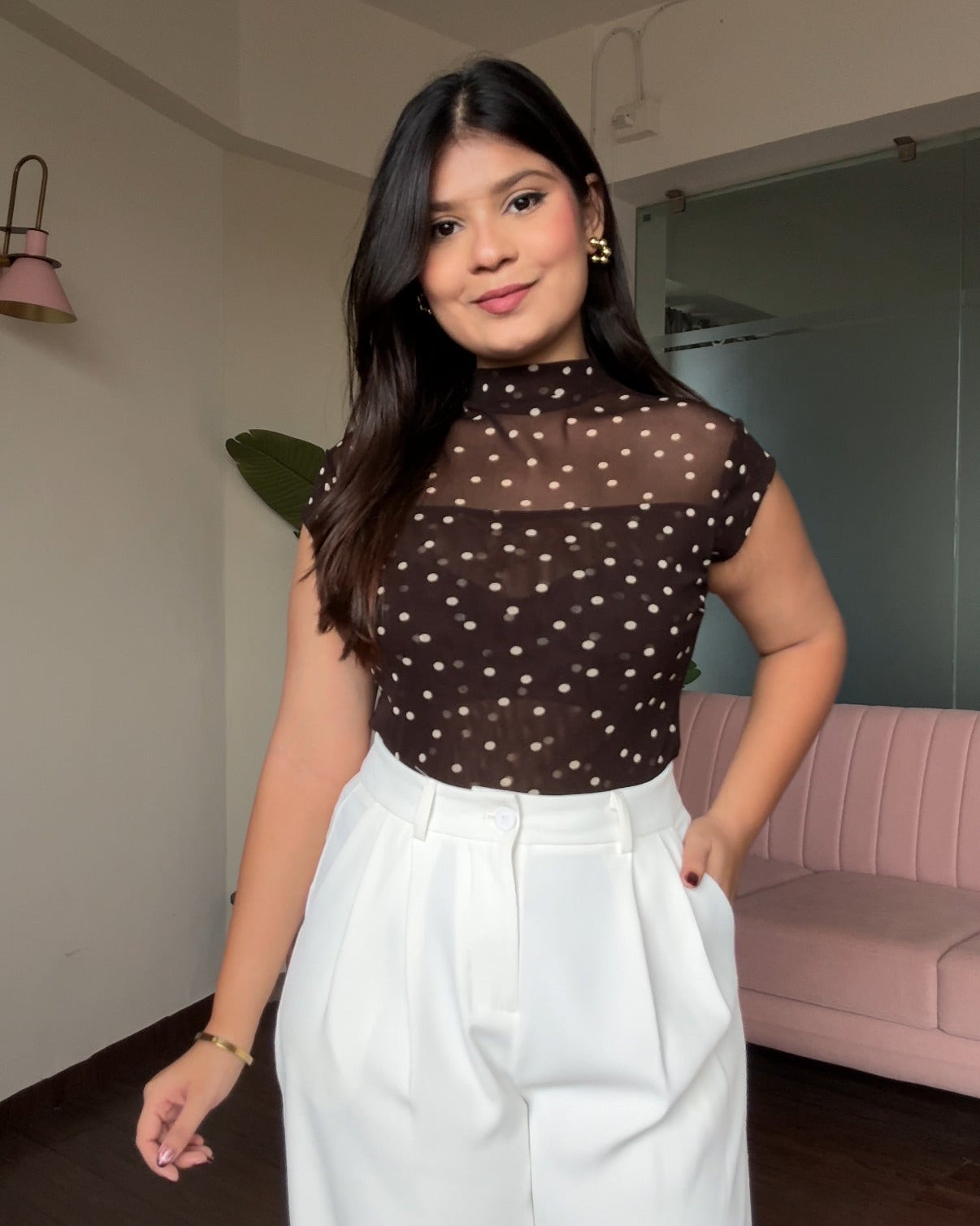 Polka Dot Cut Sleeve Mesh Top