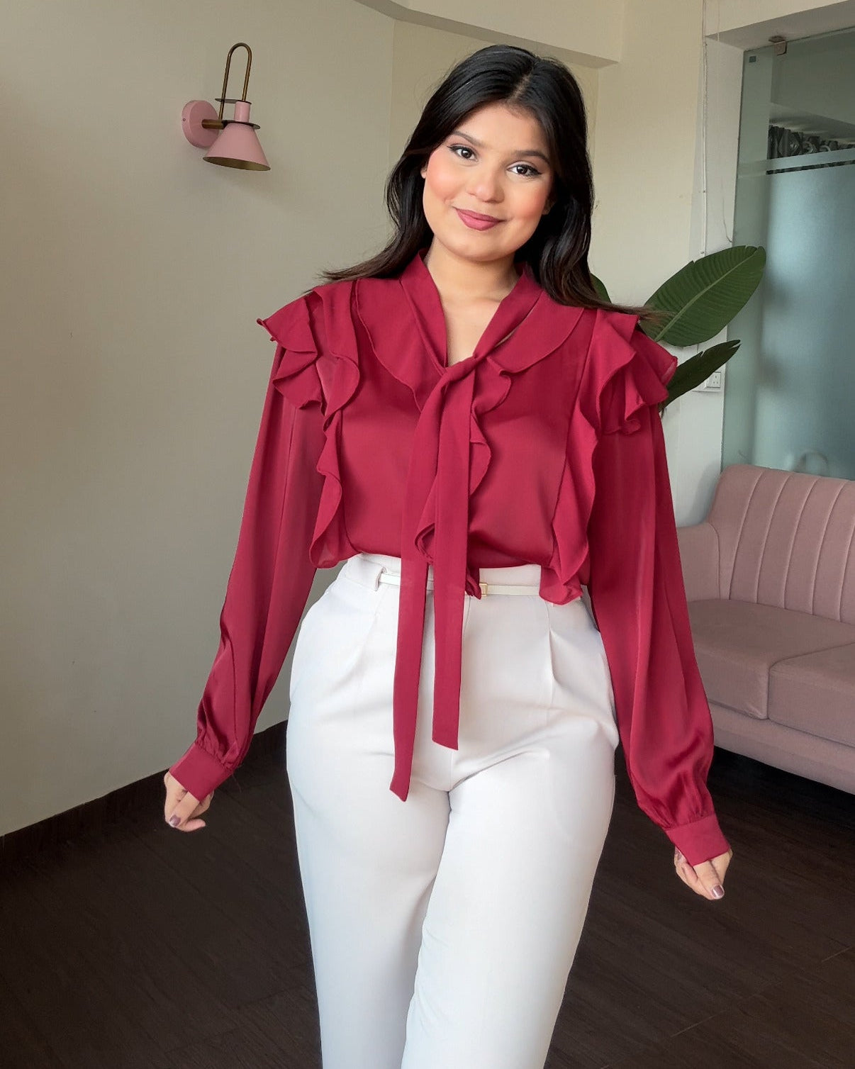 Chiffon Satin Frill Detailing Blouse