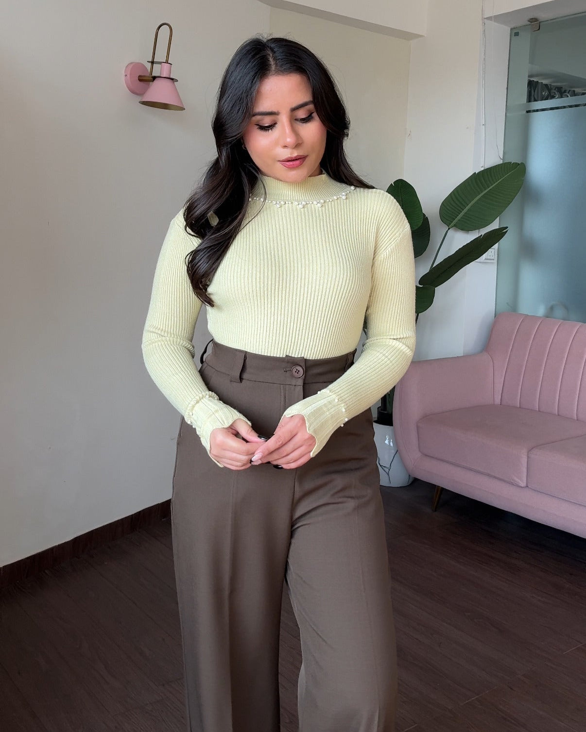 High Neck Ribbed Pearl Detailing Top