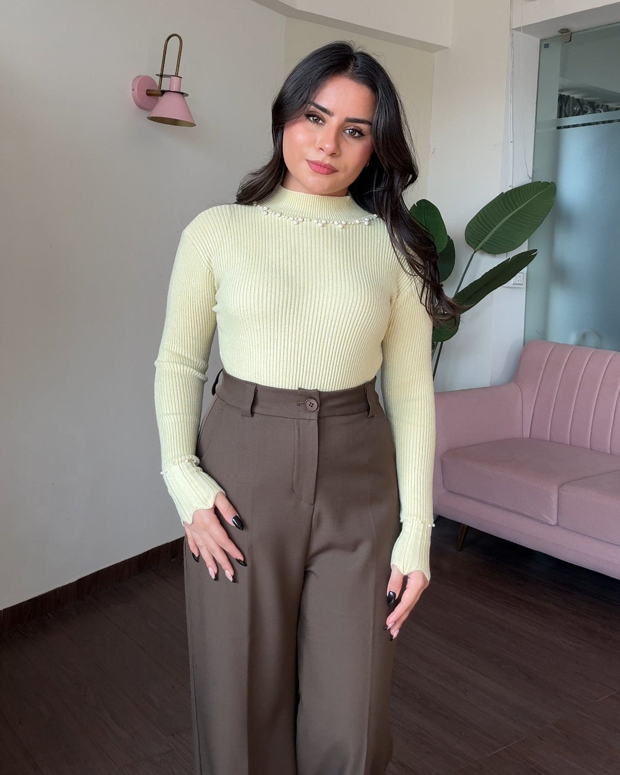 High Neck Ribbed Pearl Detailing Top